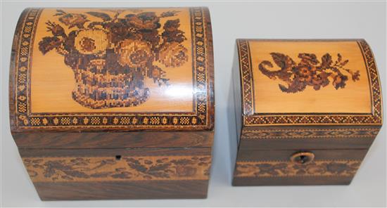 A Tunbridge ware rosewood flower basket mosaic dome top tea caddy and a similar smaller tea caddy, 5.5in.